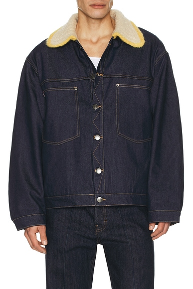 Charles Jeffrey LOVERBOY Denim Jacket With Knitted Collar in Indigo Denim