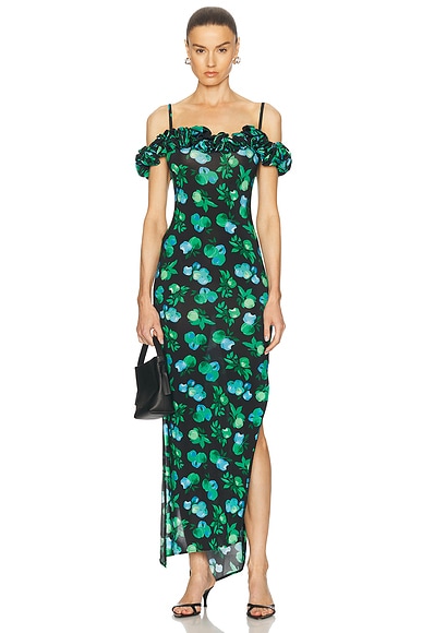 Coperni Ruffle Dress in Print Blue Apples