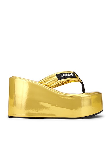 Coperni Metallic Branded Wedge Sandal in Metallic Gold