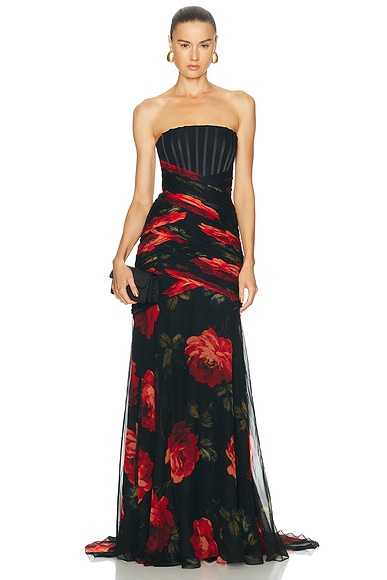 Carolina Herrera Strapless Exposed Bustier Gown in Black Multi