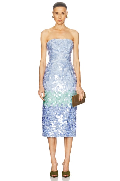 Carolina Herrera Strapless Midi Dress in Celeste Multi
