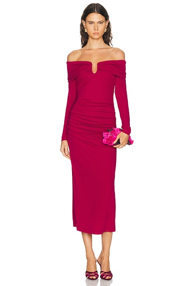 Carolina Herrera Long Sleeve Off The Shoulder Midi Dress in Cranberry