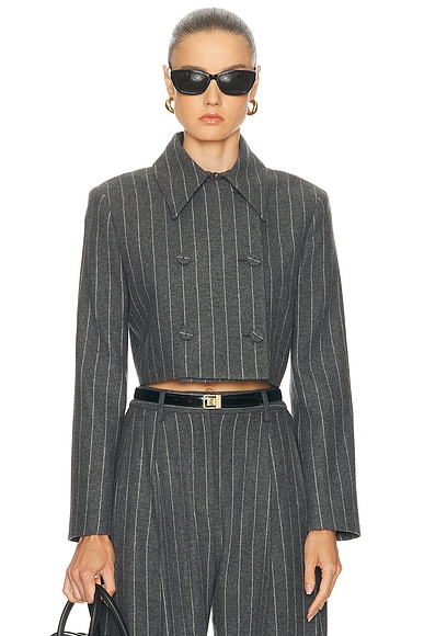 Carolina Herrera Cropped Double Breasted Pinstripe Jacket in Charcoal Grey Melange