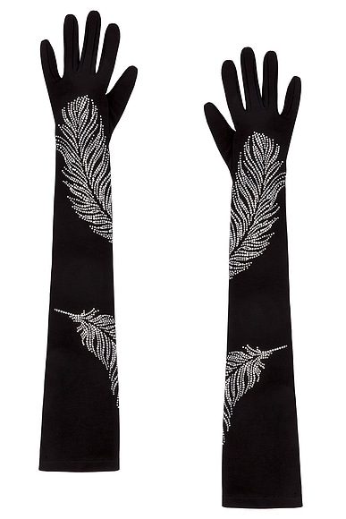 David Koma Rhinestone Feather Long Gloves in Black & Silver