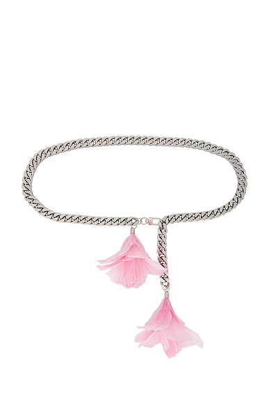 David Koma Feather Flower Detail Chunky Chain Belt in Pink & Silver