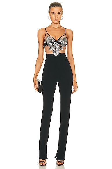 Crystal Flower Embroidered Patches Jumpsuit