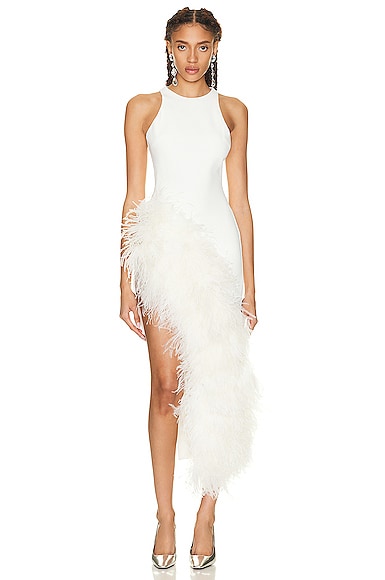 David Koma Feather Asymmetric Hem Open Leg Midi Dress in White