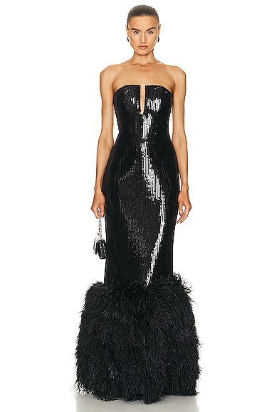 David Koma For FWRD Sequin And Feather Gown in Black