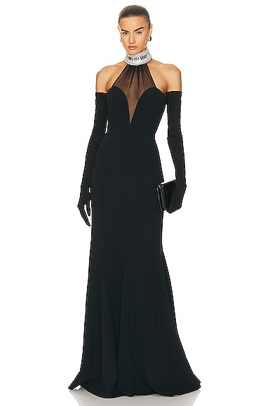 David Koma For FWRD Crystal Halter Gown With Gloves in Black
