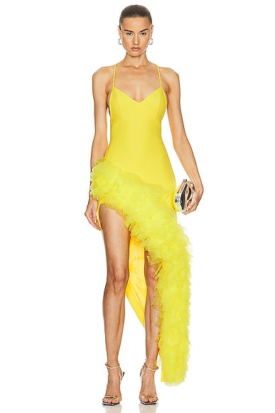 David Koma Asymmetrical Ruffled Hem Cami Dress in Yellow