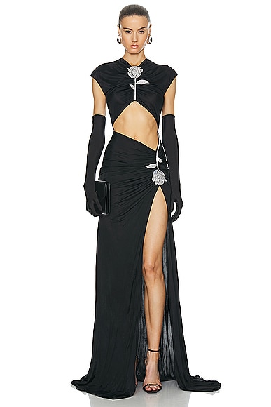David Koma Crystal Rose Cutout Gown in Black & Silver