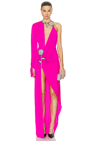 David Koma Crystal Rose Ruched Gown in Fuchsia & Silver