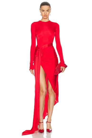 David Koma Satin Bow Detail Asymmetric Long Dress in Red