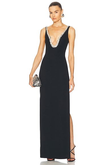 Crystal Neckline Gown in Black & Silver