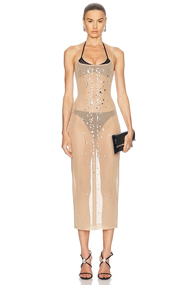 David Koma Crystal Speckled Naked Midi Dress in Nude, Black, & Silver