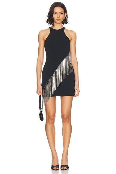 David Koma Fringe Metallic Chain Mini Dress in Black & Silver