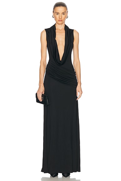 David Koma Plunge Neck Sleeveless Gown in Black