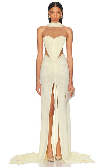 David Koma Ruched Scarf Detail Gown in Yellow