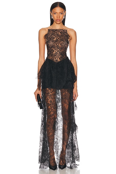 David Koma Open Side Lace Ruffle Gown in Black