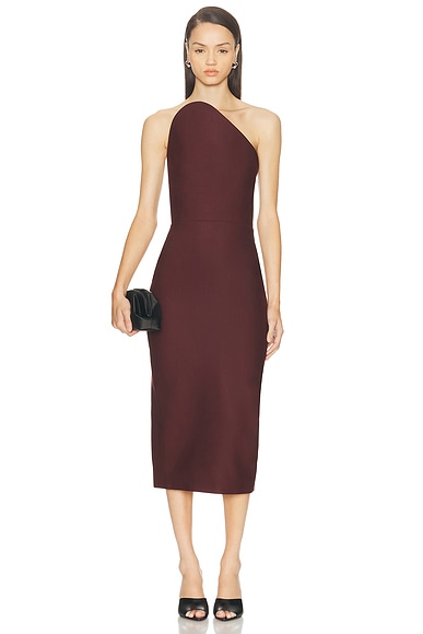 David Koma Asymmetric Cut Strapless Midi Dress in Burgundy