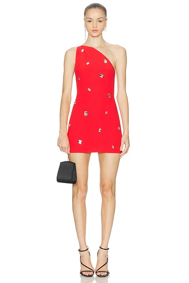 David Koma All Over Crystal Embroidered Mini Dress in Red & Silver