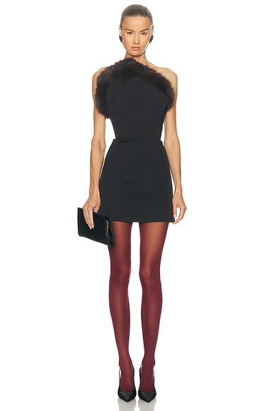 David Koma Faux Fur Trim Strapless Mini Dress in Black & Brown