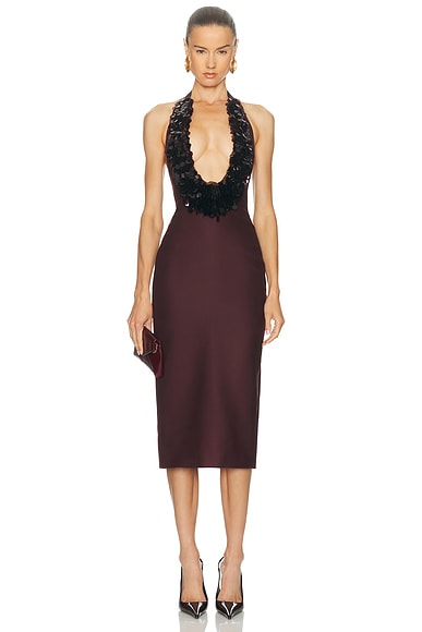 David Koma Payette Embroidered Neckline Halter Dress in Burgundy