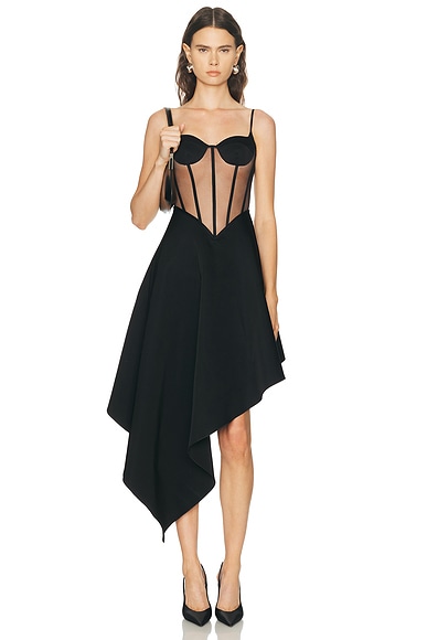 David Koma Bustier Top Detail Asymmetric Skirt Midi Dress in Black
