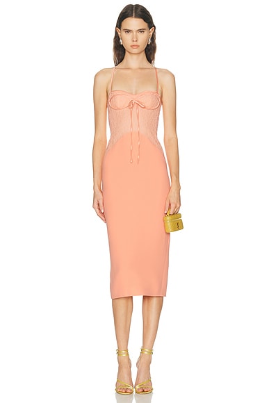 David Koma Fabric Contrast Pencil Skirt Midi Dress in Peach