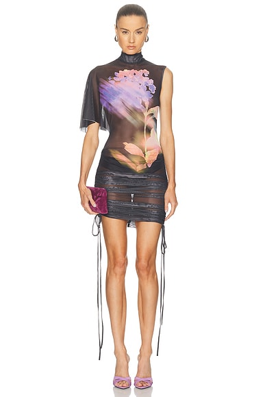 Asymmetric Sleeve Printed Mesh Mini Dress