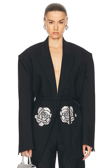 David Koma Crystal Rose Embroidered Blazer in Black & Silver