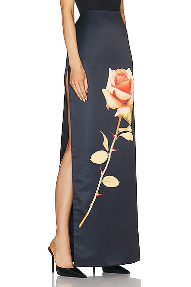 David Koma Rose Flower Print Maxi Skirt in Black & Orange