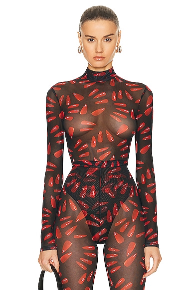 David Koma Nails Print Net Bodysuit in Red & Black