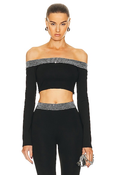 David Koma Crystal Embroidered Long Sleeve Crop Top in Black & Silver