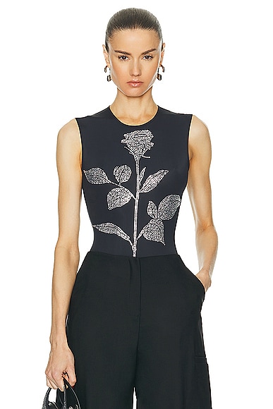 David Koma Crystal Rose Flower Rhinestone Bodysuit in Black & Silver