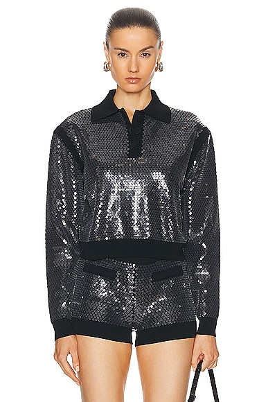 David Koma Sequins Embroidery Knit Top in Black