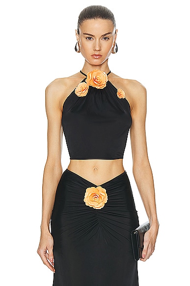 David Koma Payette Flower Halter Top in Black & Orange