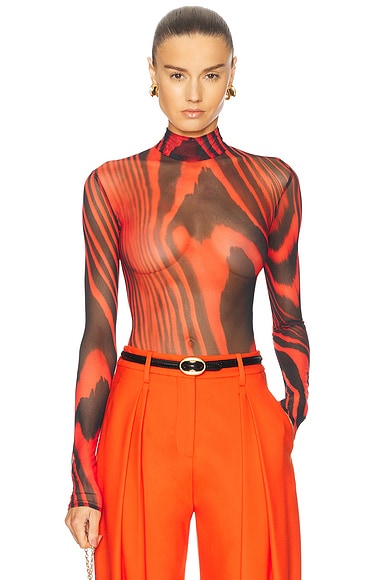 David Koma Printed Mesh Bodysuit in Red & Black
