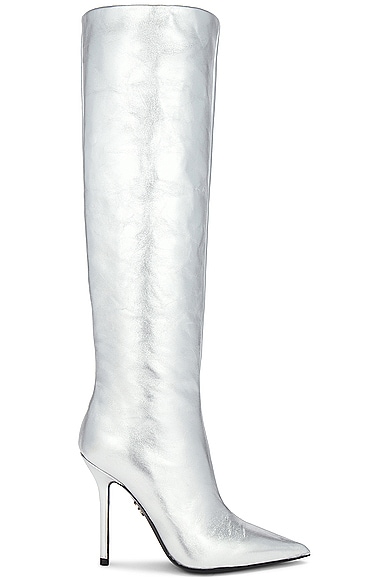 Wide Leg Knee High Boot in Metallic Silver