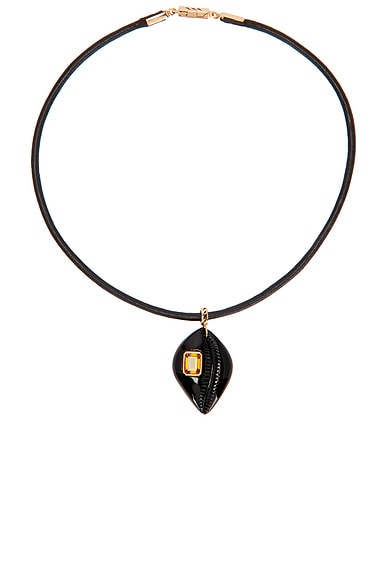 Cowry Medio Emerald Cut Citrine Necklace in Onyx & Black Leather