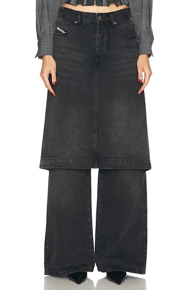Diesel Wide Leg With Skirt Overlay in Black Denim