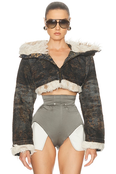 Diesel Cropped Faux Fur Zip Up Jacket in Black