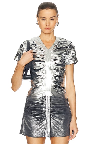 Diesel Short Sleeve Gathered Top in Silver Metallic