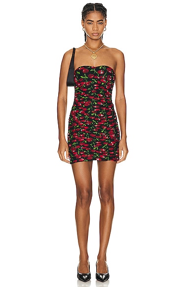 Dolce & Gabbana Strapless Ruched Printed Stretch-tulle Mini Dress In Ciliegie Fdo Nero
