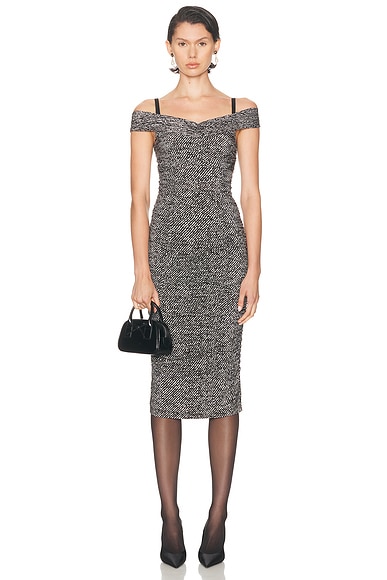 Dolce & Gabbana Off The Shoulder Midi Dress in Grey, Black, & White