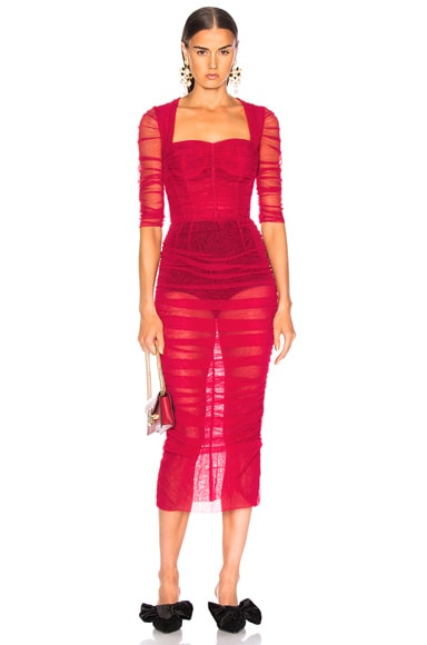 Dolce & Gabbana Ruched Tulle Midi Dress in Red | FWRD