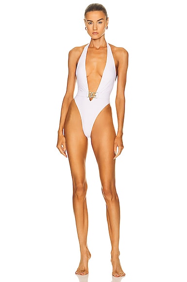 Dolce & Gabbana Deep V Neck One Piece Swimsuit in White