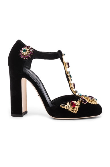Jewel Embellished Velvet T Strap Heels