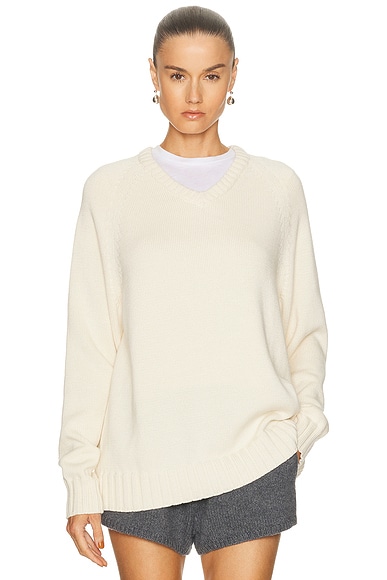 DONNI. The Cotton Cashmere V Neck Sweater in Creme