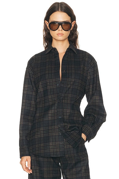 DARKPARK Anne Tartan Check Tailored Shirt in Blue, Grey, & Red